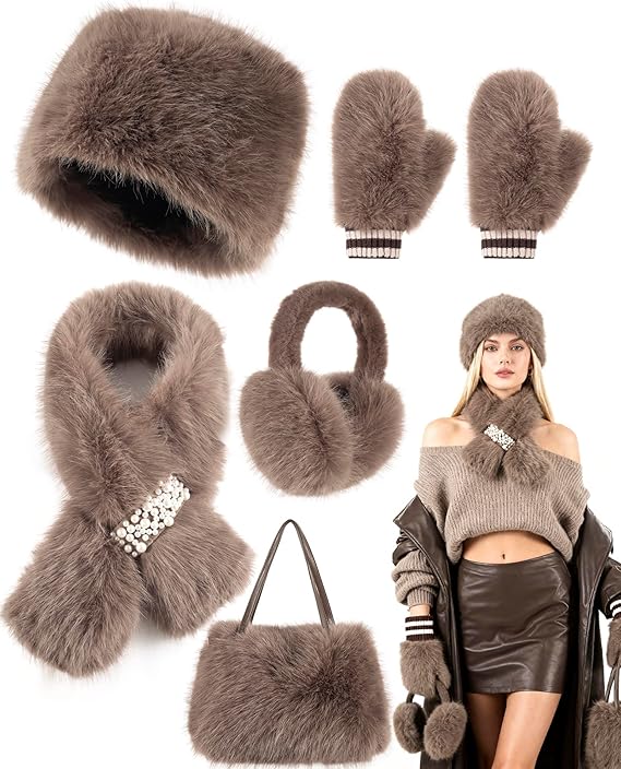 5 Piece, Faux Fur Bucket Hat and Glove Set
